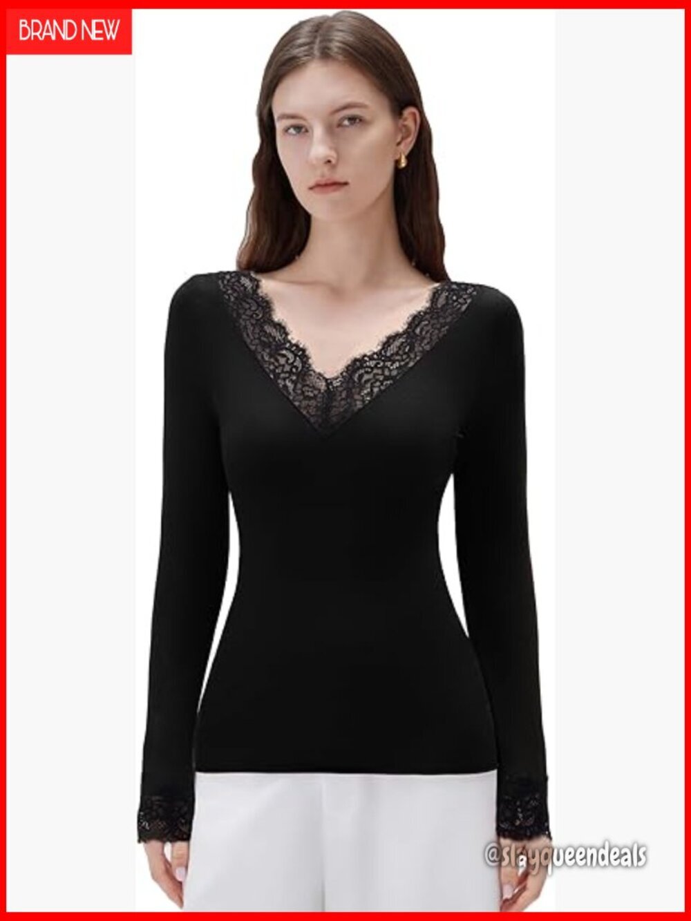 Soft Cashmere Blend Long Sleeve V Neck Lace Top Women's T-Shirt